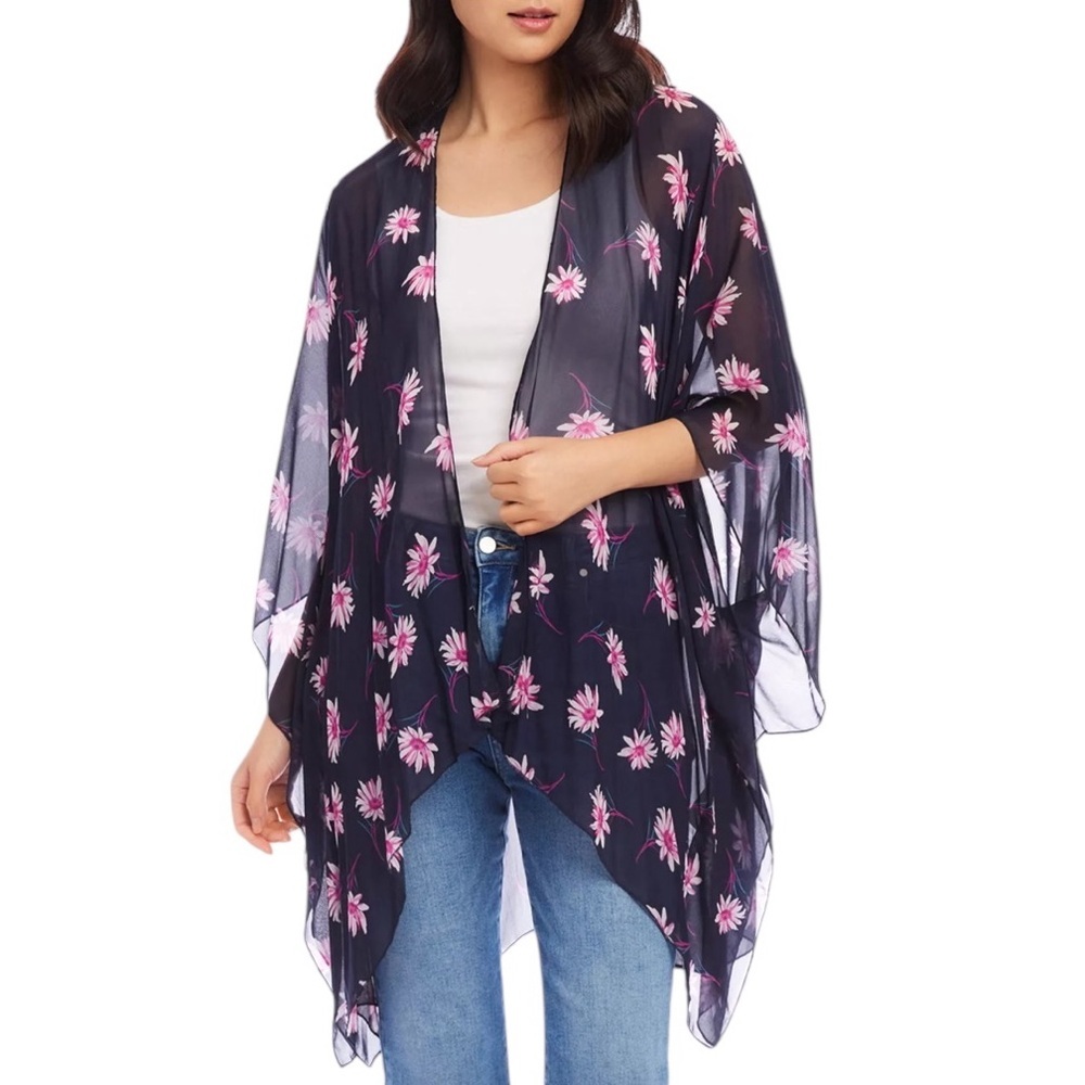 Karen Kane Berry Blue Floral Open Front Kimono‎ Jacket – Size Small/Medium – NWT